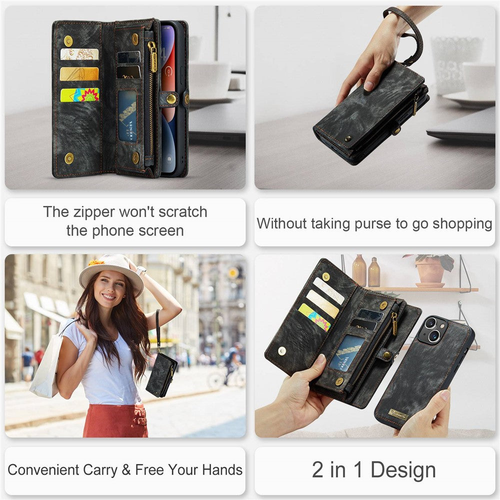 CASEME 008 Series Stødabsorberende Aftagelig 2-i-1 Multifunktions TPU + PU-læder Telefon Pung Stativ Cover til iPhone 13 6.1 tommer