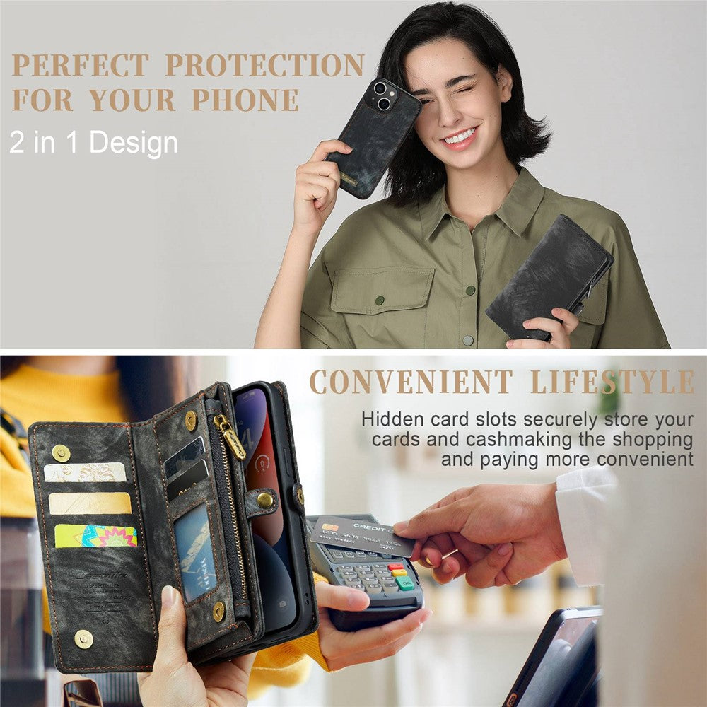 CASEME 008 Series Stødabsorberende Aftagelig 2-i-1 Multifunktions TPU + PU-læder Telefon Pung Stativ Cover til iPhone 13 6.1 tommer