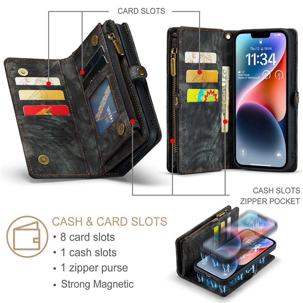 CASEME 008 Series Stødabsorberende Aftagelig 2-i-1 Multifunktions TPU + PU-læder Telefon Pung Stativ Cover til iPhone 13 6.1 tommer