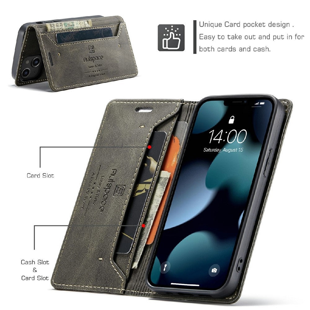 AUTSPACE A01 Series Premium Retro Mat PU Læder Pung Flip Stand Cover med RFID Blokeringsfunktion til iPhone 13 mini 5.4 tommer