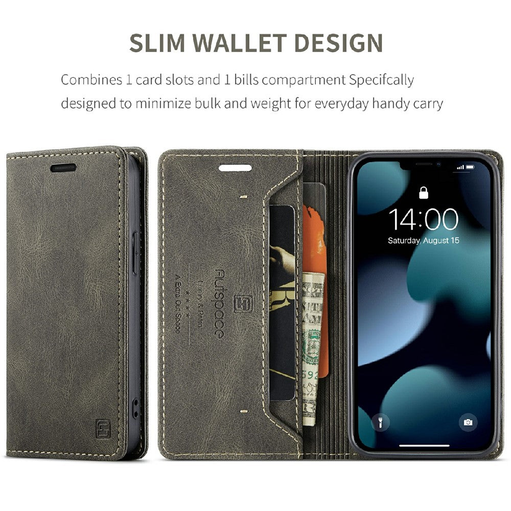 AUTSPACE A01 Series Premium Retro Mat PU Læder Pung Flip Stand Cover med RFID Blokeringsfunktion til iPhone 13 mini 5.4 tommer