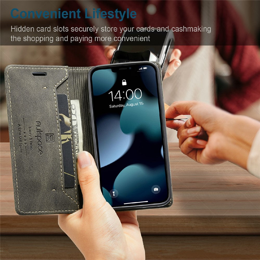 AUTSPACE A01 Series Premium Retro Mat PU Læder Pung Flip Stand Cover med RFID Blokeringsfunktion til iPhone 13 mini 5.4 tommer