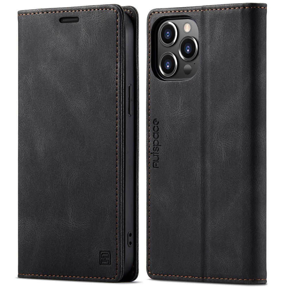 AUTSPACE A01-serien Retro Matt Läderplånboksfodral med RFID-blockerande stativ, Magnetiskt Flip-fodral för iPhone 13 Pro Max 6,7 tum