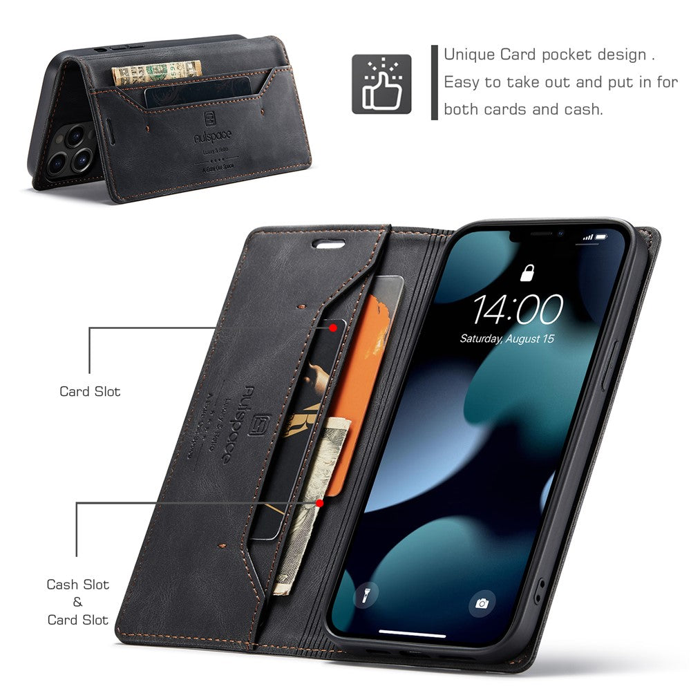 AUTSPACE A01-serien retro mat læderpung-etui med RFID-blokerende stativ, magnetisk flip-etui til iPhone 13 Pro Max 6,7 tommer