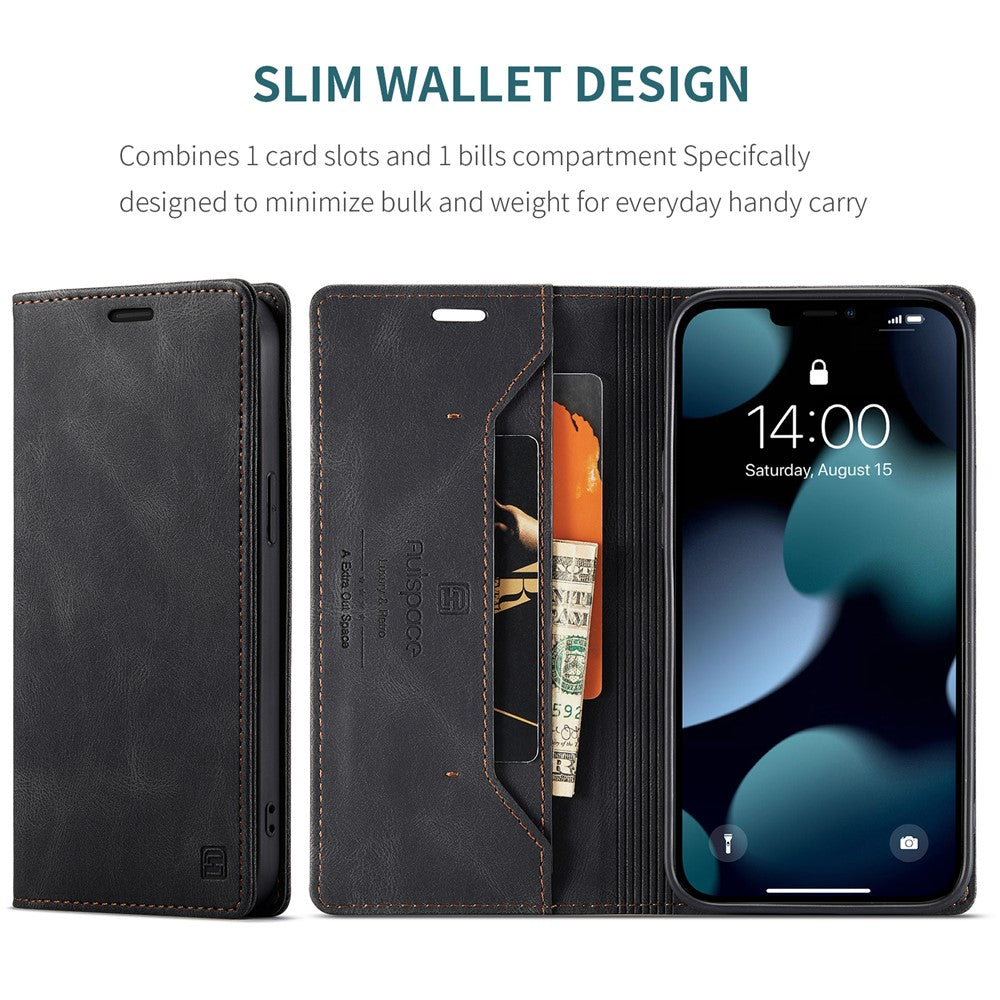 AUTSPACE A01-serien retro mat læderpung-etui med RFID-blokerende stativ, magnetisk flip-etui til iPhone 13 Pro Max 6,7 tommer