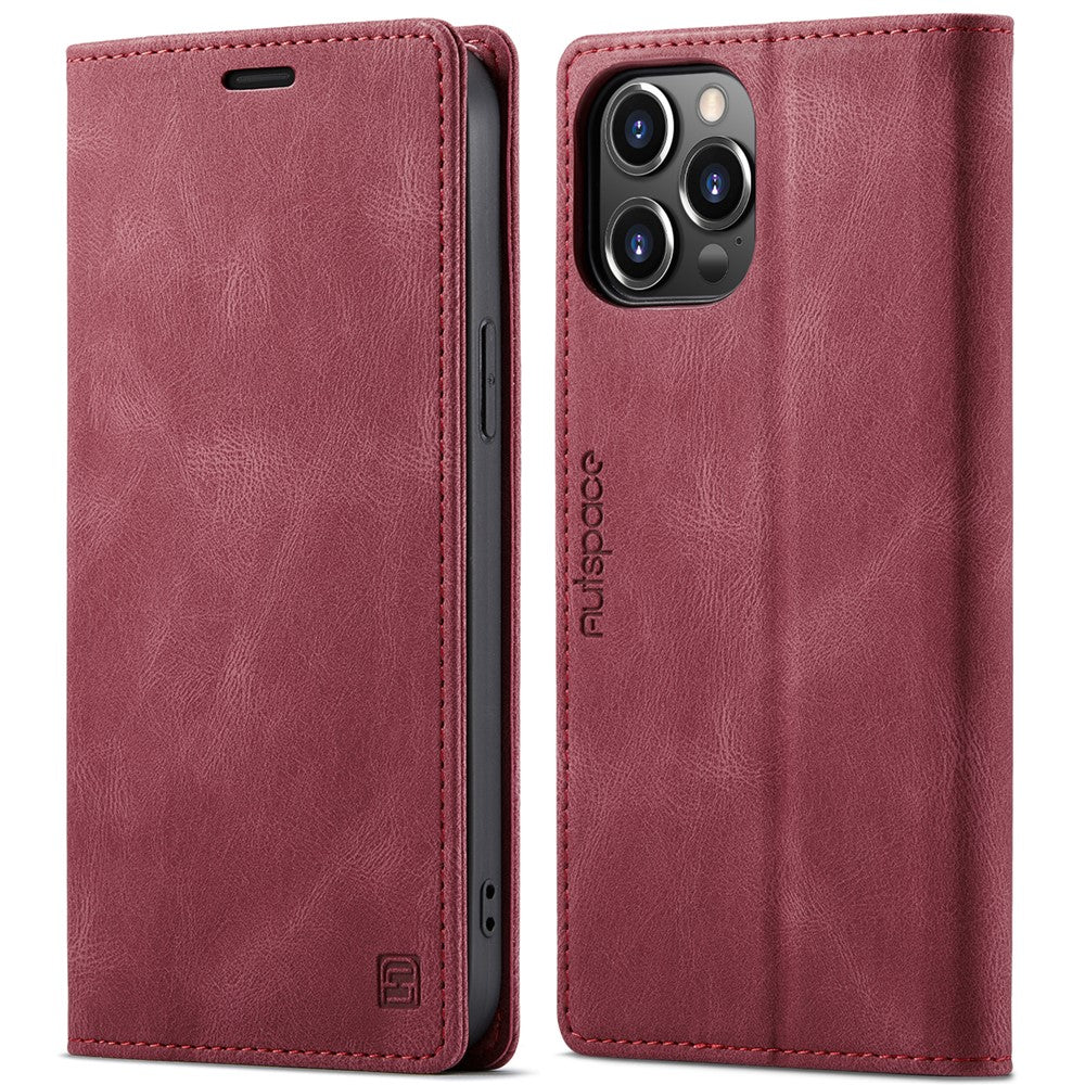 AUTSPACE A01-serien retro mat læderpung-etui med RFID-blokerende stativ, magnetisk flip-etui til iPhone 13 Pro Max 6,7 tommer