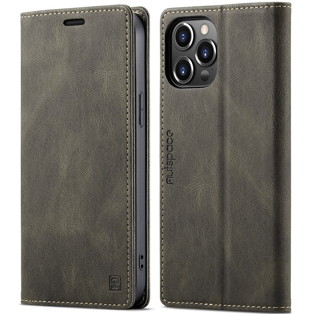 AUTSPACE A01-serien retro mat læderpung-etui med RFID-blokerende stativ, magnetisk flip-etui til iPhone 13 Pro Max 6,7 tommer