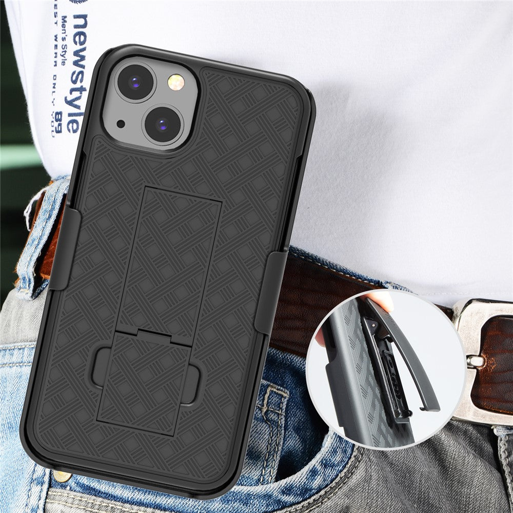 Anti-Drop Light Stylish Woven Texture Swivel Belt Clip Kickstand PC + TPU Hybrid Case for iPhone 13 mini 5.4 inch