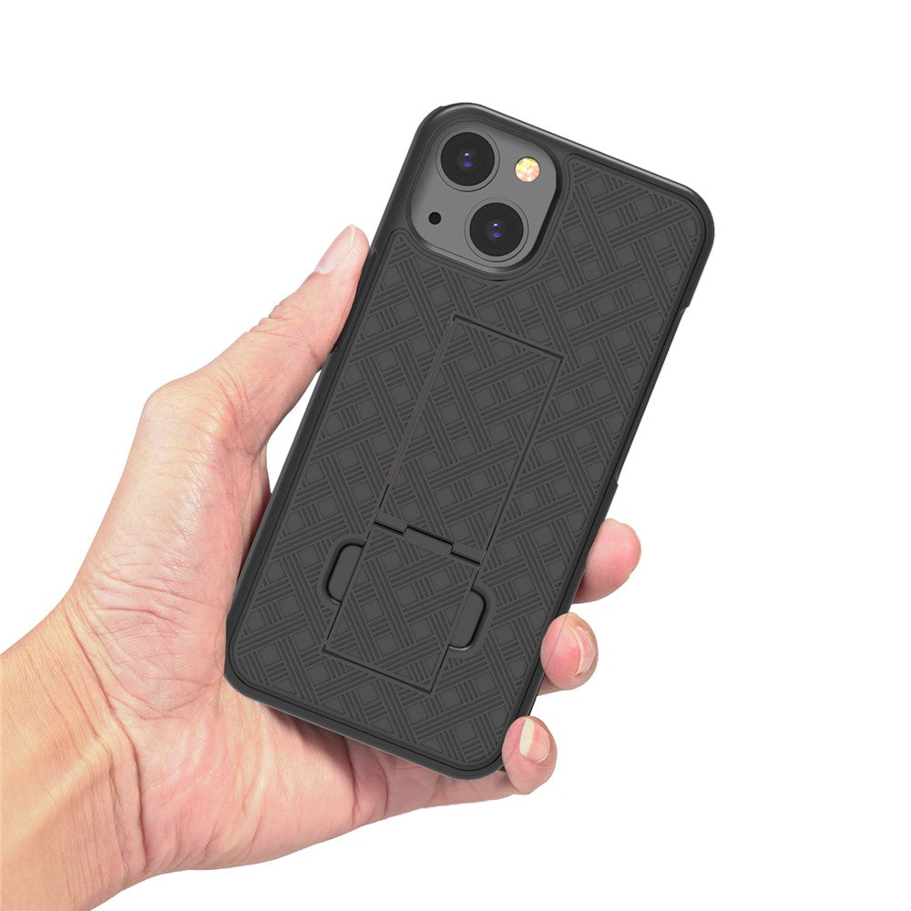 Anti-Drop Light Stylish Woven Texture Swivel Belt Clip Kickstand PC + TPU Hybrid Case for iPhone 13 mini 5.4 inch