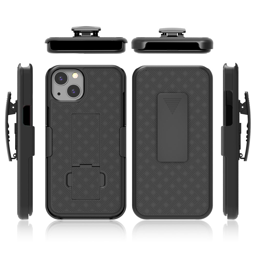 Anti-Drop Light Stylish Woven Texture Swivel Belt Clip Kickstand PC + TPU Hybrid Case for iPhone 13 mini 5.4 inch