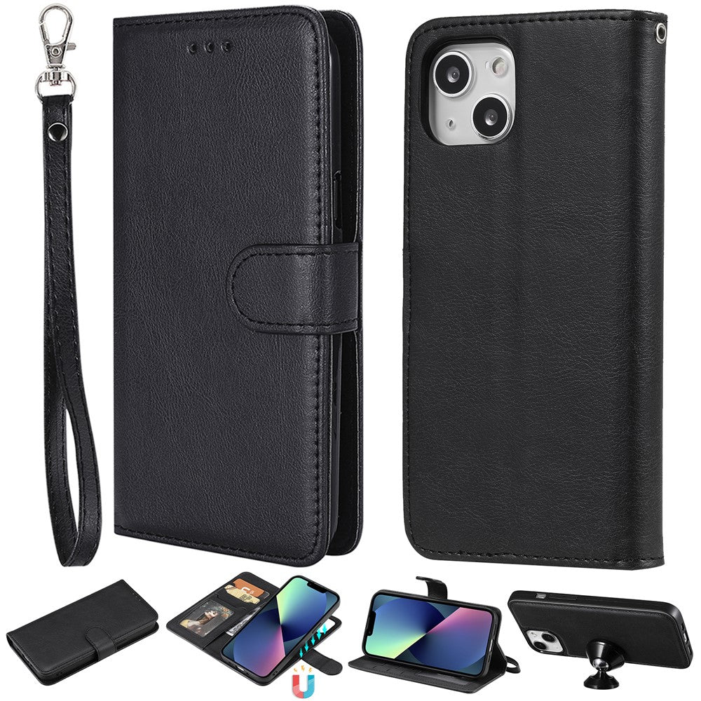 For iPhone 13 mini Case 2 in 1 Detachable Magnetic Leather Wallet Mobile Cover with Strap