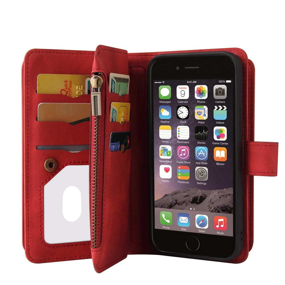 For iPhone SE (2022) / SE (2020) / 8 / 7 / 6 Zipper Wallet Case with 15 Card Slots and Strap Leather Phone Cover