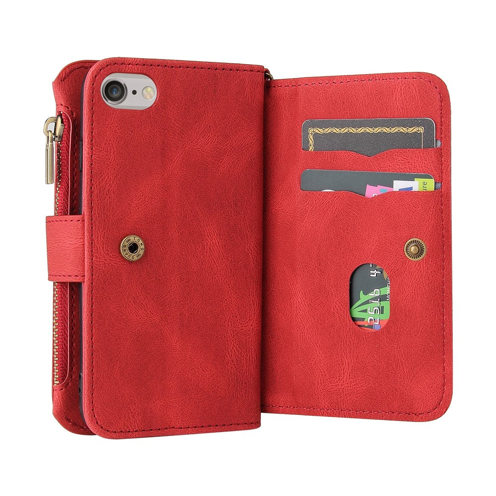 For iPhone SE (2022) / SE (2020) / 8 / 7 / 6 Zipper Wallet Case with 15 Card Slots and Strap Leather Phone Cover