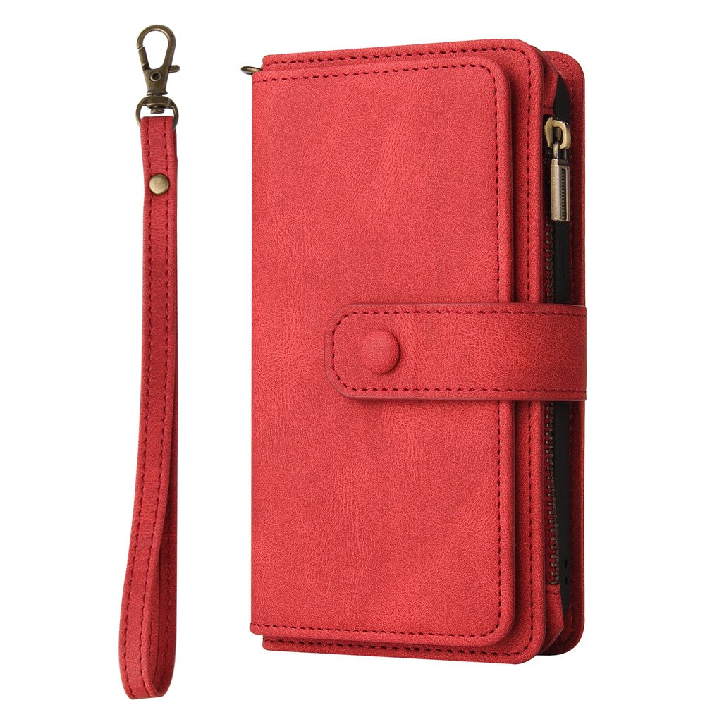 For iPhone SE (2022) / SE (2020) / 8 / 7 / 6 Zipper Wallet Case with 15 Card Slots and Strap Leather Phone Cover