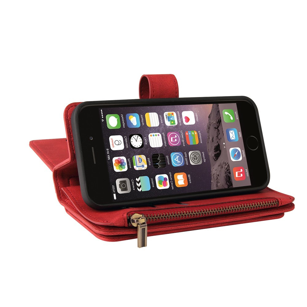 For iPhone SE (2022) / SE (2020) / 8 / 7 / 6 Zipper Wallet Case with 15 Card Slots and Strap Leather Phone Cover