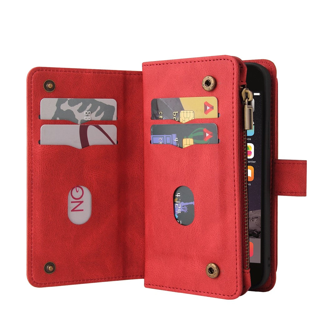 For iPhone SE (2022) / SE (2020) / 8 / 7 / 6 Zipper Wallet Case with 15 Card Slots and Strap Leather Phone Cover