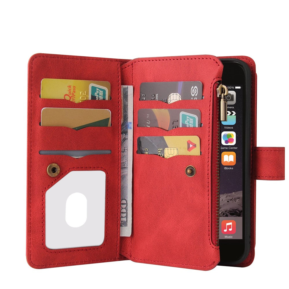For iPhone SE (2022) / SE (2020) / 8 / 7 / 6 Zipper Wallet Case with 15 Card Slots and Strap Leather Phone Cover