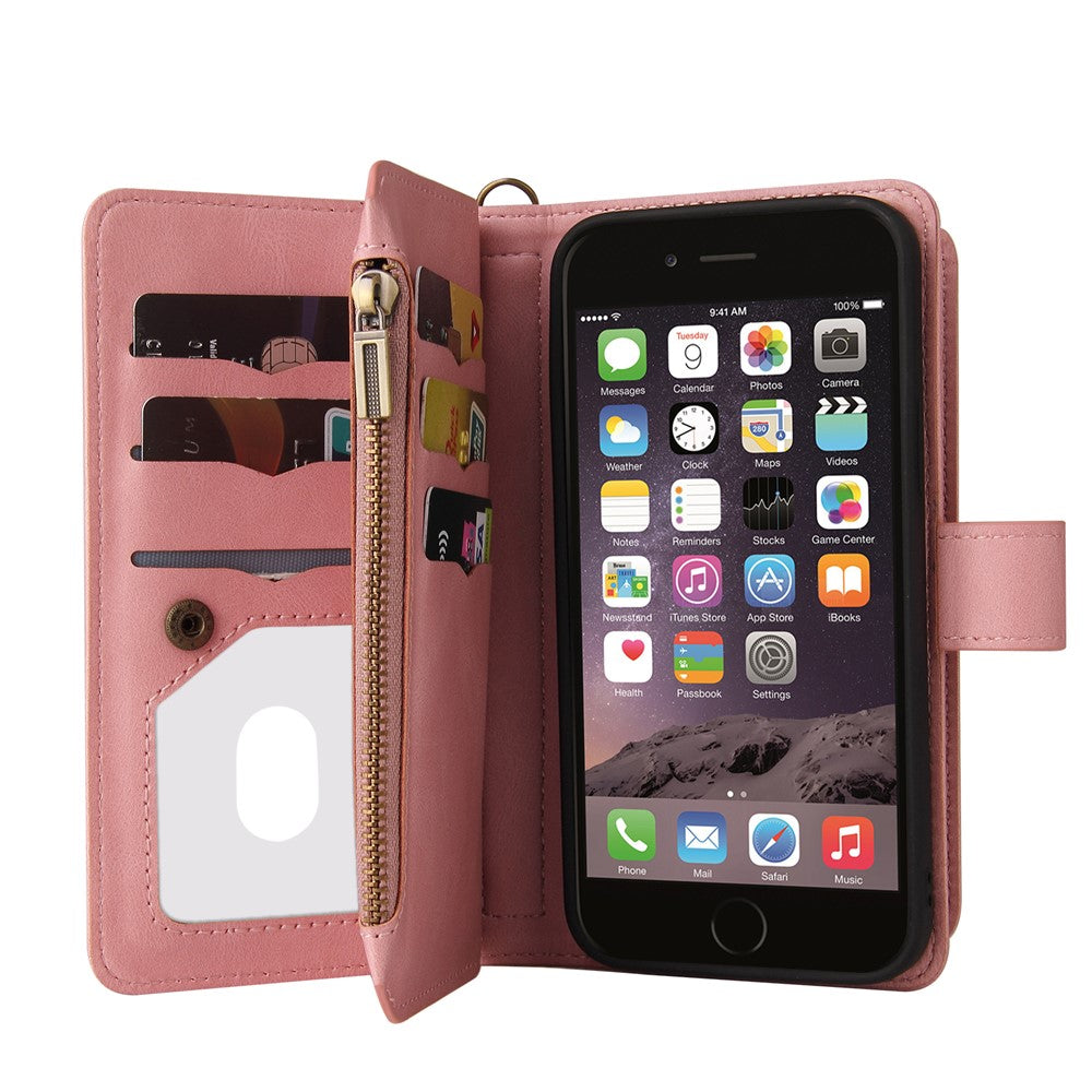 For iPhone SE (2022) / SE (2020) / 8 / 7 / 6 Zipper Wallet Case with 15 Card Slots and Strap Leather Phone Cover
