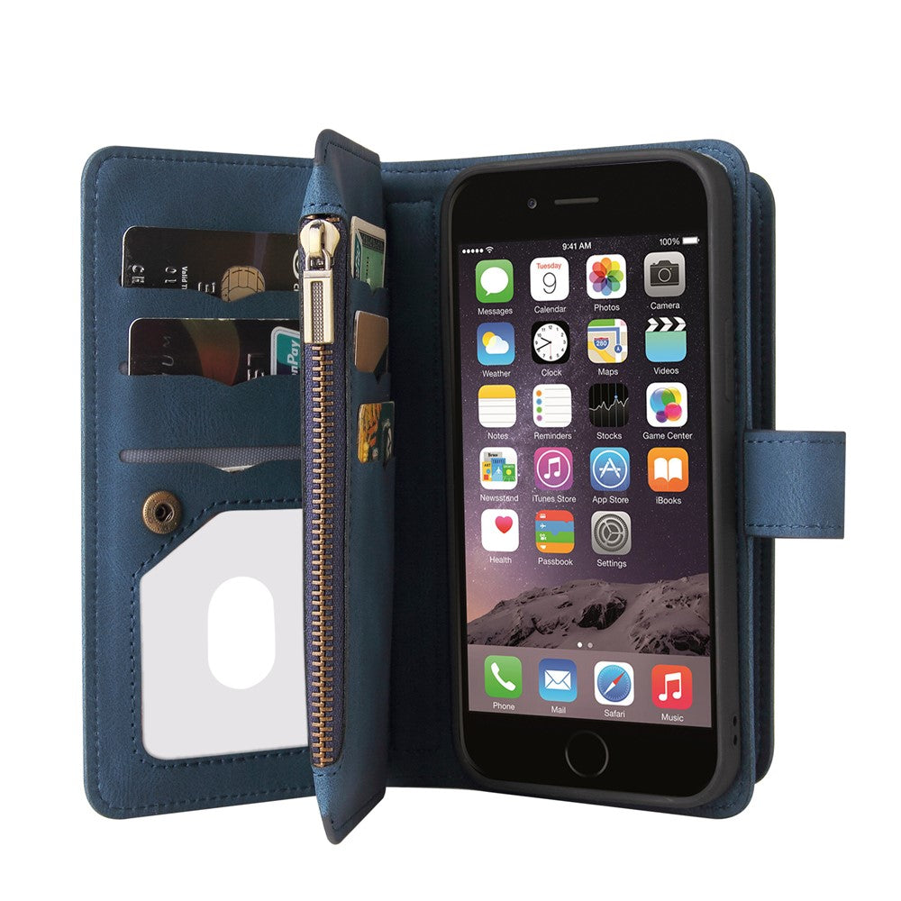 For iPhone SE (2022) / SE (2020) / 8 / 7 / 6 Zipper Wallet Case with 15 Card Slots and Strap Leather Phone Cover