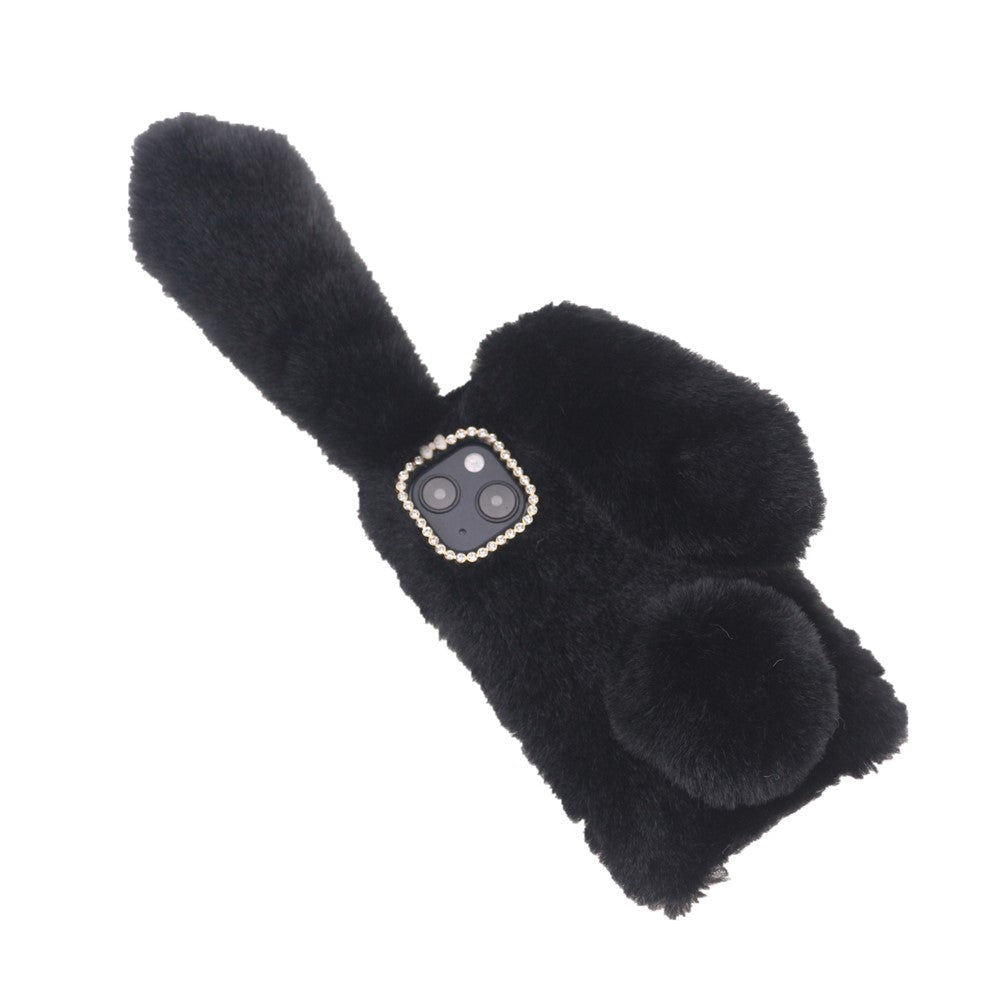 Bling Rhinestone Decor 3D Bunny Ears Soft Furry TPU Bumper Protective Skin Cover for iPhone 13 mini 5.4 inch