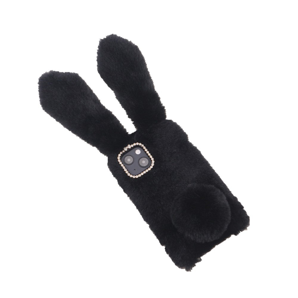 Bling Rhinestone Decor 3D Bunny Ears Soft Furry TPU Bumper Protective Skin Cover for iPhone 13 mini 5.4 inch