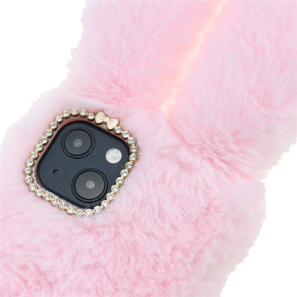 Bling Rhinestone Decor 3D Bunny Ears Soft Furry TPU Bumper Protective Skin Cover for iPhone 13 mini 5.4 inch