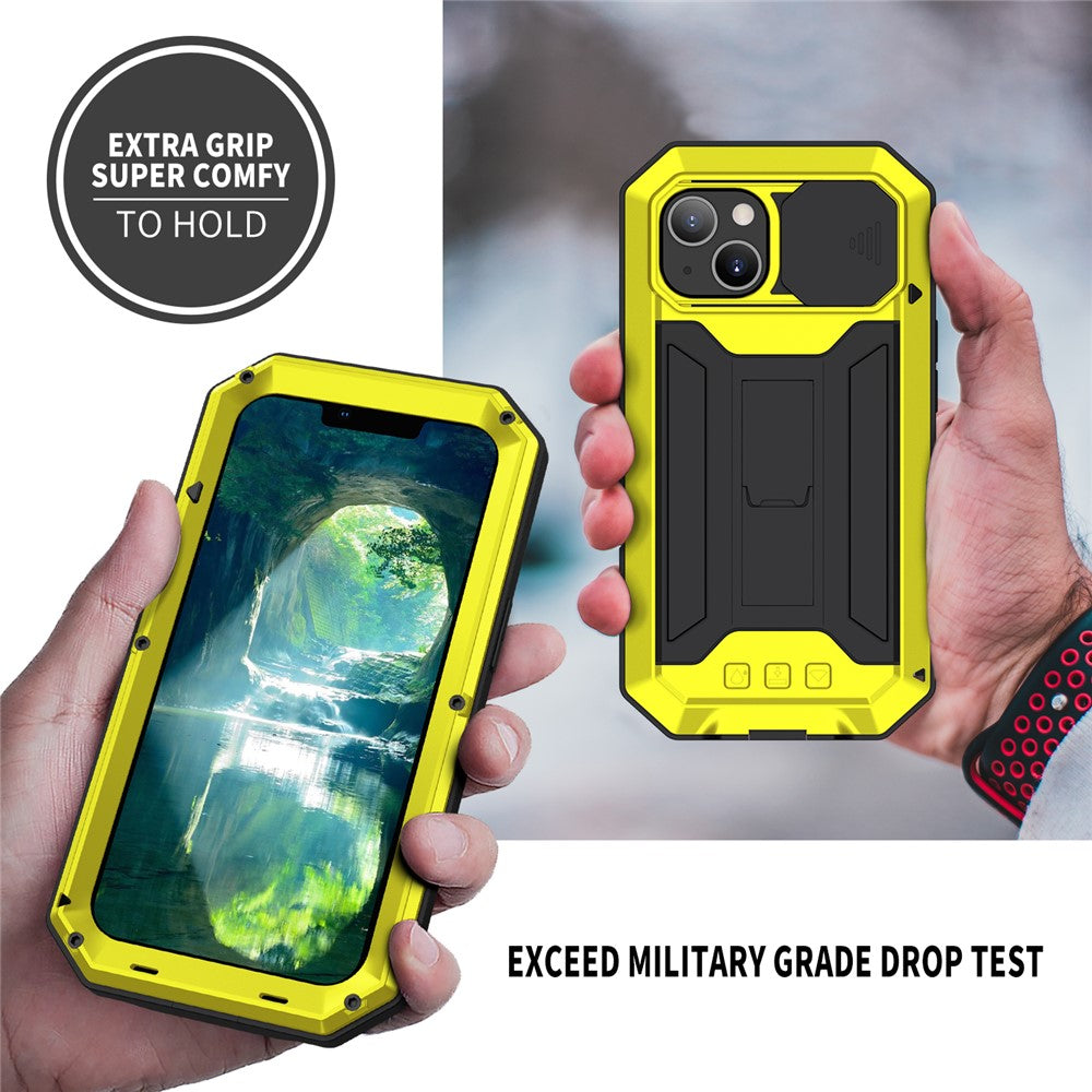 R-JUST Trippelskydd Dammtät Stopptät Vattentät mobilskyddsfodral Stativskal med Härdat Glas Skärmskydd för iPhone 13 mini 5,4 tum