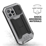 R-JUST Støvtæt, Faldsikker, Daglig Vandtæt Metalramme Telefonbeskyttelsescover Kickstand Skal med Hærdet Glas Skærmbeskytter til iPhone 13 Pro Max 6,7 tommer
