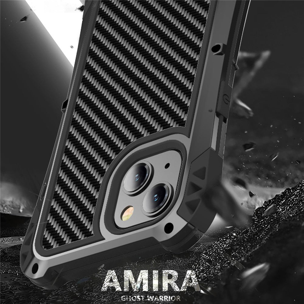 R-JUST AMIRA Stötsäkert Hybridmobilskal i Aluminiumlegering + Silikon + Härdat Glas för iPhone 13 6,1 tum