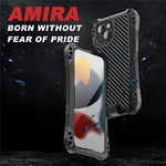 R-JUST AMIRA Stötsäkert Hybridmobilskal i Aluminiumlegering + Silikon + Härdat Glas för iPhone 13 6,1 tum