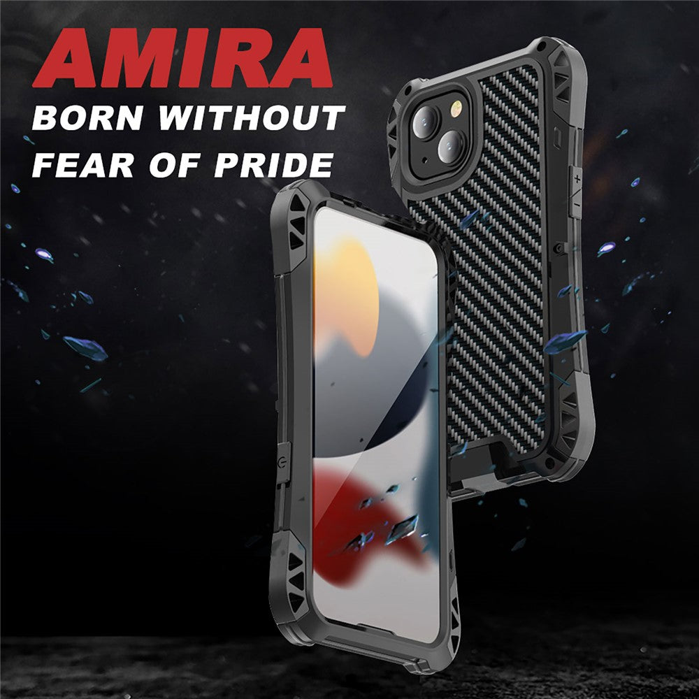 R-JUST AMIRA Stötsäkert Hybridmobilskal i Aluminiumlegering + Silikon + Härdat Glas för iPhone 13 6,1 tum