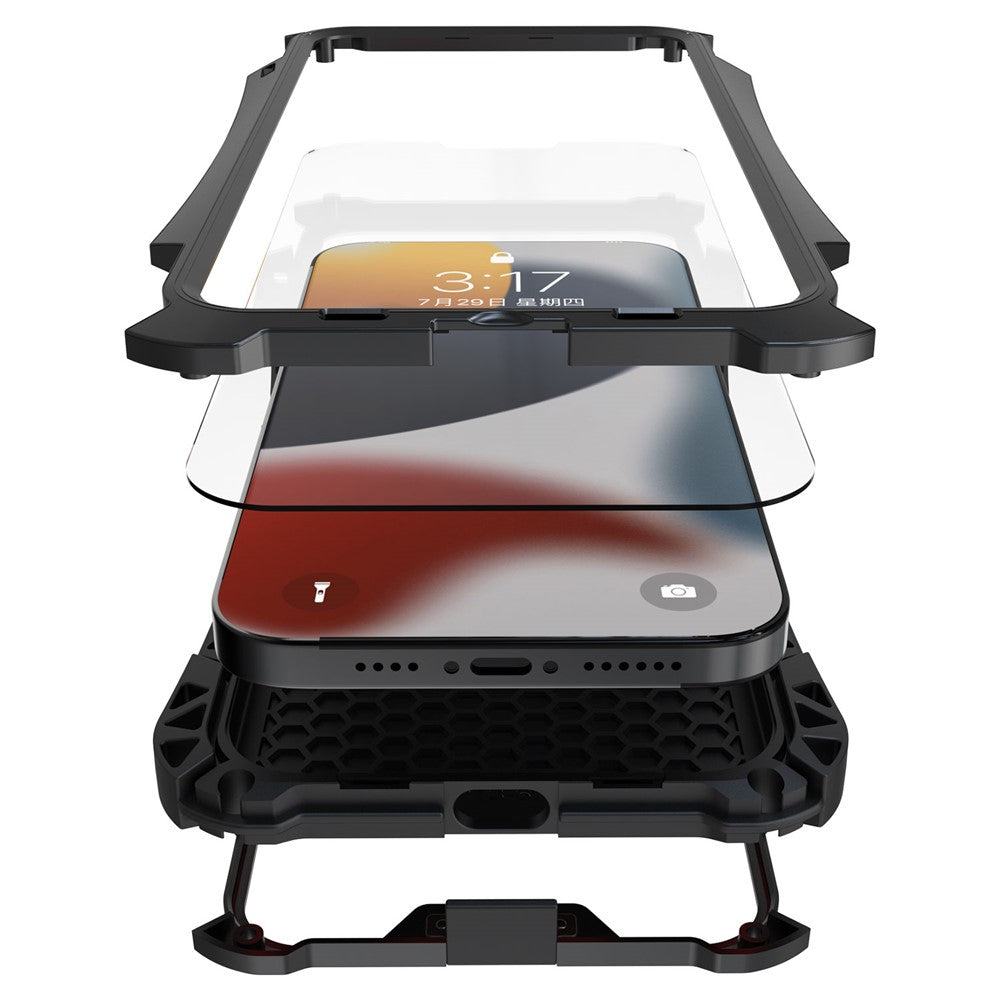 R-JUST AMIRA Stötsäkert Hybridmobilskal i Aluminiumlegering + Silikon + Härdat Glas för iPhone 13 6,1 tum