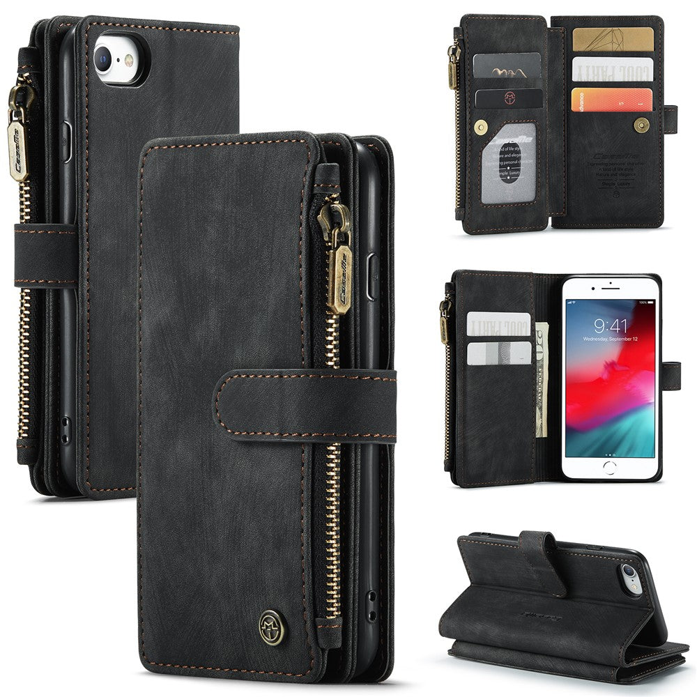 For iPhone SE (2022) / SE (2020) / 8 / 7 / 6 Phone Cases with Strap CASEME C30 Zipper Multiple Card Holder PU Leather Cover