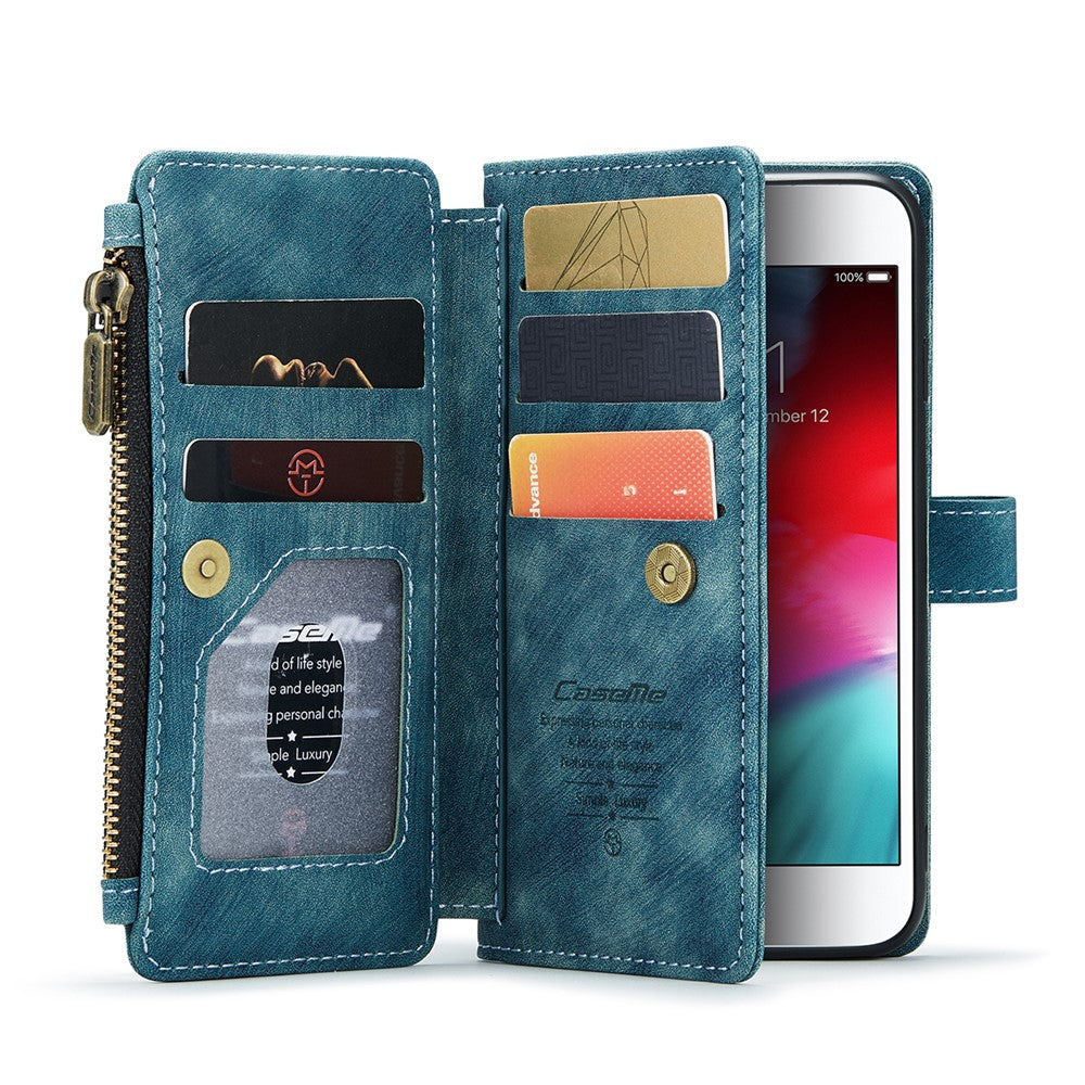 For iPhone SE (2022) / SE (2020) / 8 / 7 / 6 Phone Cases with Strap CASEME C30 Zipper Multiple Card Holder PU Leather Cover