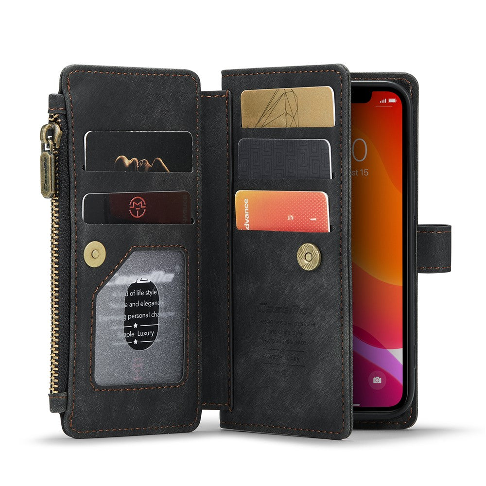 For iPhone 12 mini Phone Cases with Strap CASEME C30 Zipper Multiple Card Holder PU Leather Cover