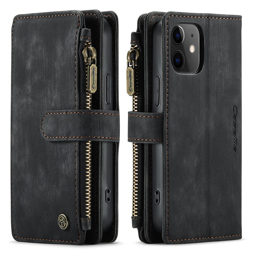 For iPhone 12 mini Phone Cases with Strap CASEME C30 Zipper Multiple Card Holder PU Leather Cover