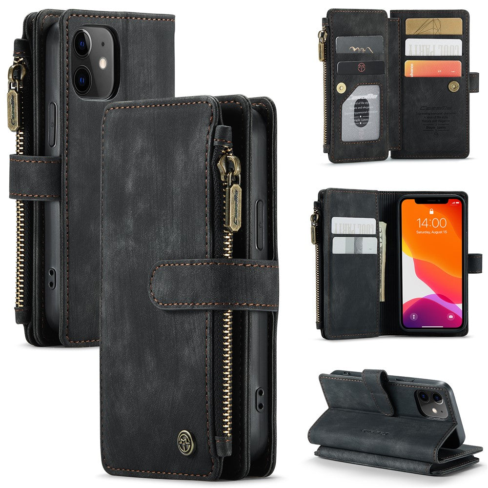 For iPhone 12 mini Phone Cases with Strap CASEME C30 Zipper Multiple Card Holder PU Leather Cover