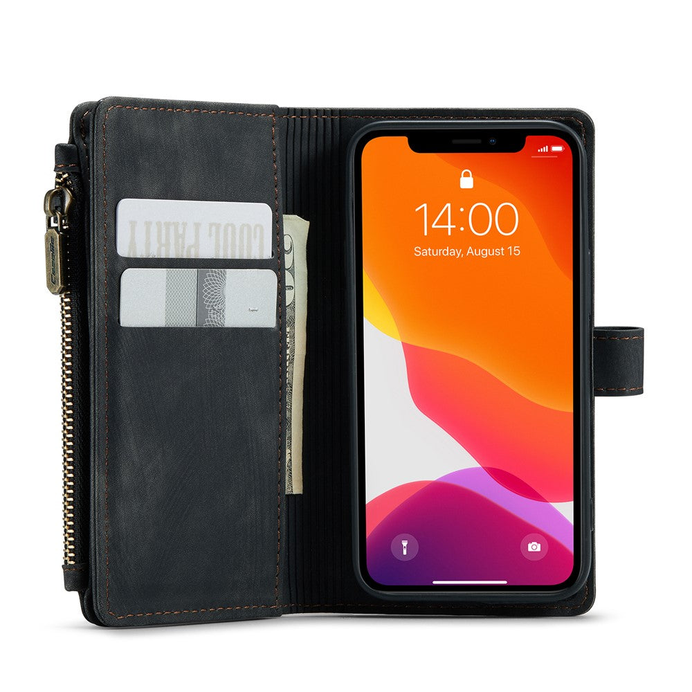 For iPhone 12 mini Phone Cases with Strap CASEME C30 Zipper Multiple Card Holder PU Leather Cover