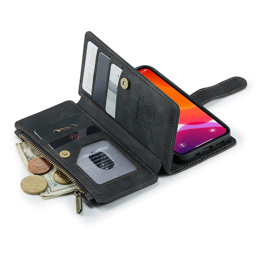 For iPhone 12 mini Phone Cases with Strap CASEME C30 Zipper Multiple Card Holder PU Leather Cover