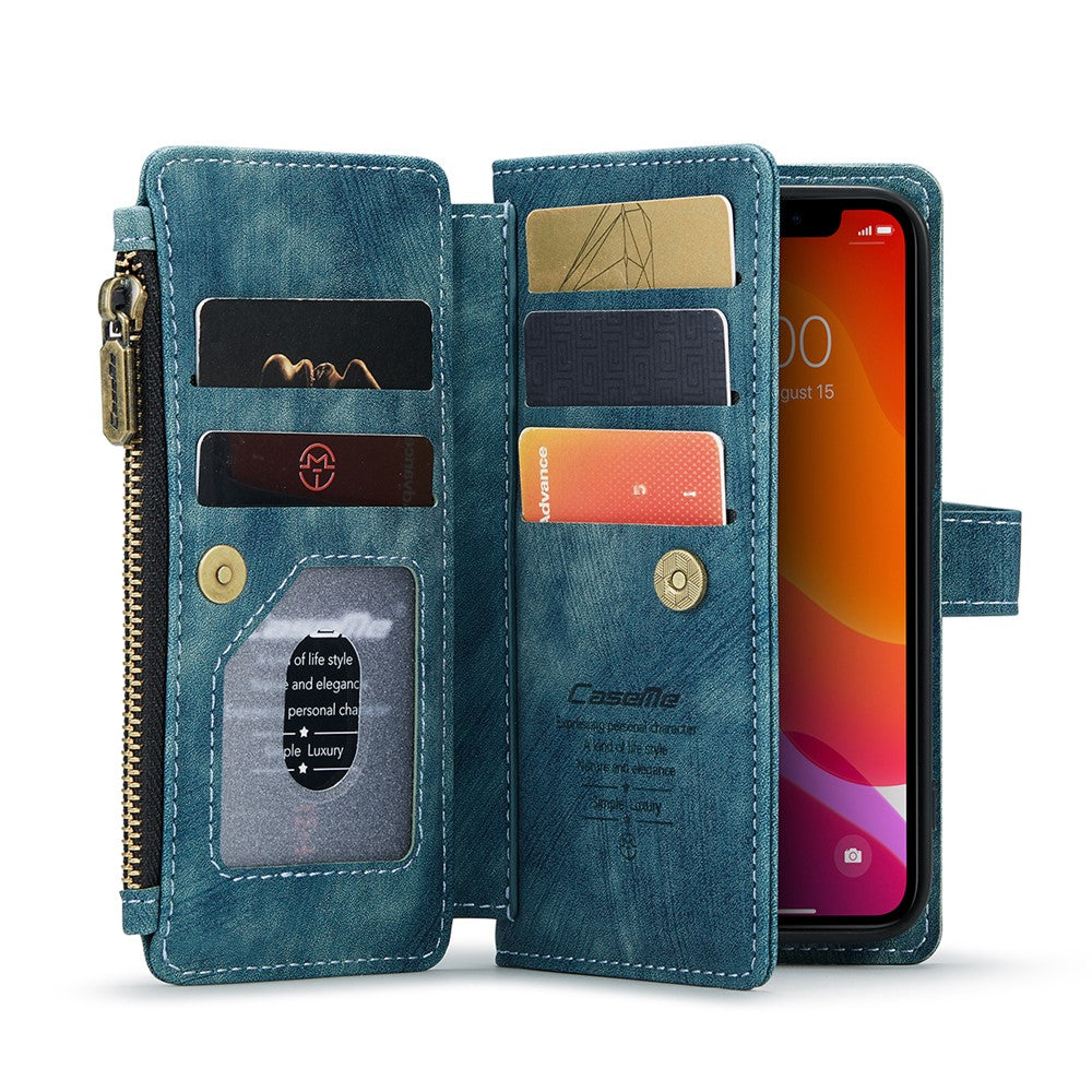 For iPhone 12 mini Phone Cases with Strap CASEME C30 Zipper Multiple Card Holder PU Leather Cover