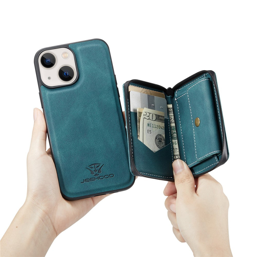 JEEHOOD Støttebensdesign Velbeskyttet Magnetisk Aftageligt 2-i-1 Hybridcover med Lynlåslomme til iPhone 13 mini 5,4 tommer