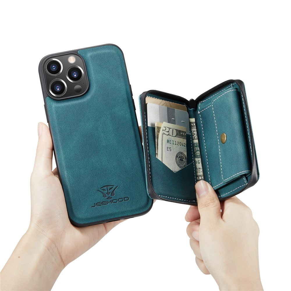 JEEHOOD Støttebensdesign Velbeskyttet Magnetisk Aftageligt 2-i-1 Hybridcover med Lynlåslomme til iPhone 13 mini 5,4 tommer