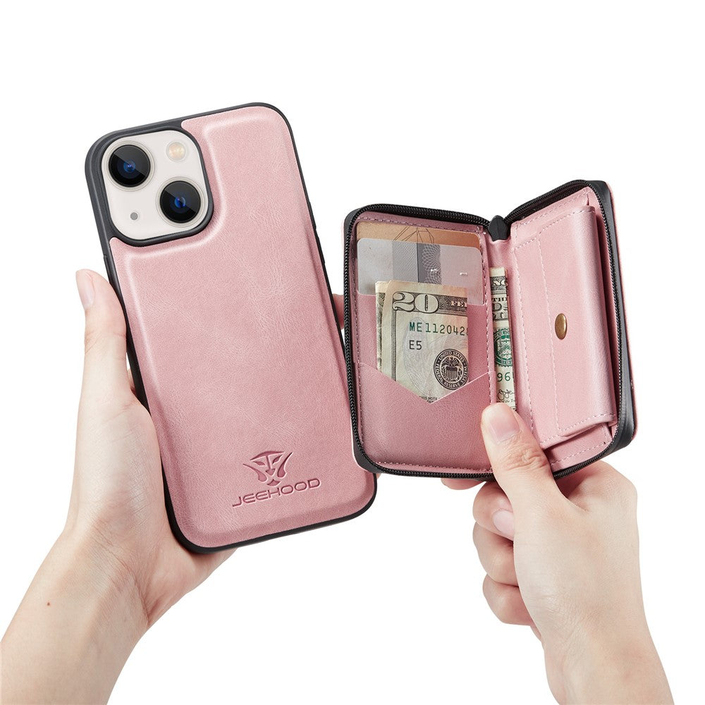 JEEHOOD Støttebensdesign Velbeskyttet Magnetisk Aftageligt 2-i-1 Hybridcover med Lynlåslomme til iPhone 13 mini 5,4 tommer