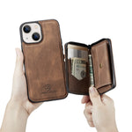 JEEHOOD Støttebensdesign Velbeskyttet Magnetisk Aftageligt 2-i-1 Hybridcover med Lynlåslomme til iPhone 13 mini 5,4 tommer