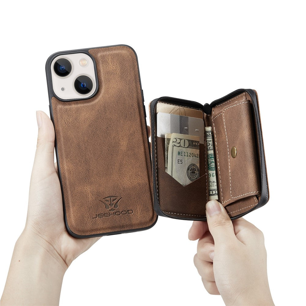 JEEHOOD Støttebensdesign Velbeskyttet Magnetisk Aftageligt 2-i-1 Hybridcover med Lynlåslomme til iPhone 13 mini 5,4 tommer