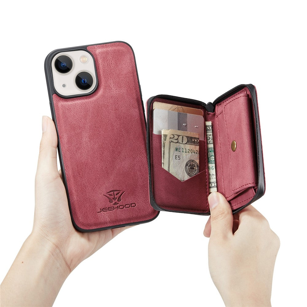 JEEHOOD Støttebensdesign Velbeskyttet Magnetisk Aftageligt 2-i-1 Hybridcover med Lynlåslomme til iPhone 13 mini 5,4 tommer