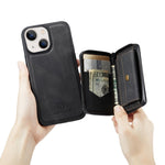 JEEHOOD Støttebensdesign Velbeskyttet Magnetisk Aftageligt 2-i-1 Hybridcover med Lynlåslomme til iPhone 13 mini 5,4 tommer