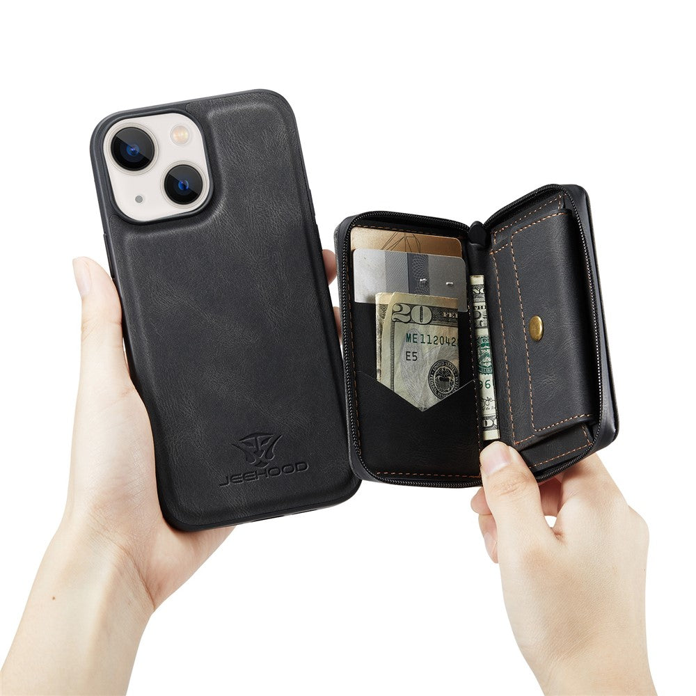 JEEHOOD Støttebensdesign Velbeskyttet Magnetisk Aftageligt 2-i-1 Hybridcover med Lynlåslomme til iPhone 13 mini 5,4 tommer