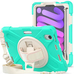 For iPad mini (2024) / mini (2021) Hand Band Design Hybrid Tablet Cover 360° Swivel Kickstand Case with Shoulder Strap