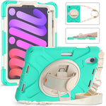 For iPad mini (2024) / mini (2021) Hand Band Design Hybrid Tablet Cover 360° Swivel Kickstand Case with Shoulder Strap